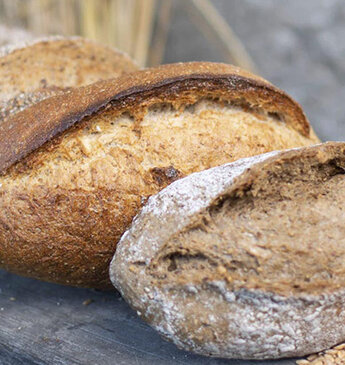 Eine Auswahl frisch gebackener Brote, darunter ein Weissbrot und Vollkornbrote, sorgfältig arrangiert auf einem rustikalen Holztisch, repräsentativ für die handwerkliche Qualität und Vielfalt der Backwaren der Kuhn Back & Gastro AG in St. Gallen.
